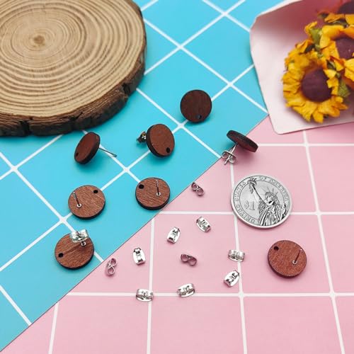 Wood Earring Posts,160Pcs Wooden Stud Earrings Posts with Loop for Jewelry Making Wood Stud Earring Findings Earring Pin Stud Bulk with Butterfly Earring Backs for DIY Earrings Making Supplies Kit - color: Round-160Pcs
