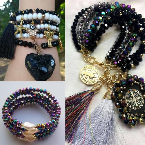 390pcs Glass Beads for Bracelets Making, 8mm Black Series Faceted Crystal Loose Bulk Beads for Earring Necklace Jewelry Crafts DIY Suncatchers - color: Black