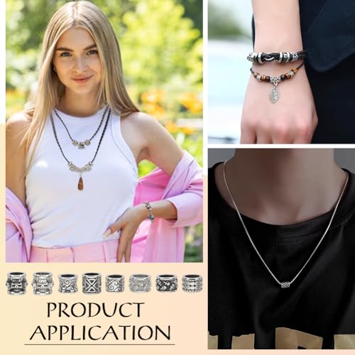 PH PandaHall 8 Styles 8mm Hole Column Beads, 304 Stainless Steel Spacer Beads Large Hole Beads Tube Lanyard Beads Tube Bead for DIY Bracelets Necklaces Jewelry Leather Craft Making, Antique Silver