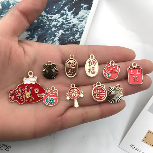 Bulk Gold Enamel Charms for Jewelry Making, Colorful Metal Charms Pendant for Bracelet Necklace and Crafting - color: Chinese Style Red
