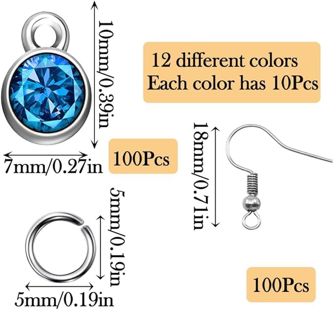 BetterJonny 120 Pieces Crystal Birthstone Charms Beads, 12 Colors Round Crystal Charm with Rings Handmade Jewelry Pendants for Jewelry Necklace Bracelet Earring Making - color: (#B)Silver Round