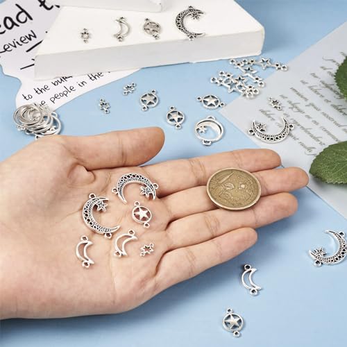 Pandahall 36Pcs Star Connector Charms Pentagram Crescent Moon Links Charm Alloy Tibetan Style Celestial Link Pendants 6 Styles for Jewelry Necklace Bracelet Earrings Craft