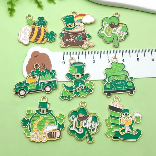 18pcs Alloy enamel green Irish Festival St. Patrick's Day clover carriage beer glass Jewelry Making DIY Keychain Earrings Pendant Various Design Charms for Jewelry Making Bracelets Necklace(SN1086) - color: SN1086
