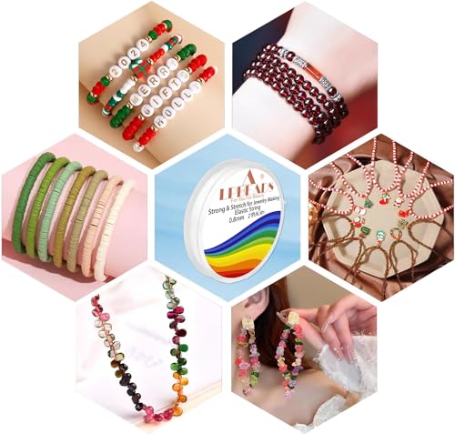 Elastic Bracelet String Cord, LPBeads 12 Rolls 6 Different Sizes Crystal Clear Stretchy Elastic Bead String for Bracelets, Jewelry Making and Clay Pony Seed Stone Beads with Beading Needles and Ruler