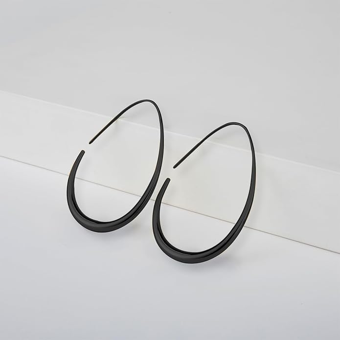 Lightweight Teardrop Hoop Earrings for Women - 14k Gold/White Gold Plated Large Oval Pull Through Hoop Earrings High Polished Statement Jewelry Gift for Women