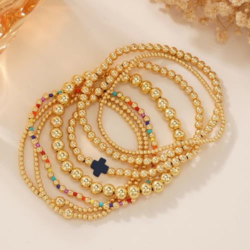 14K Gold Beaded Cross Beaded Bracelet Stack Set for Women,7PCS Bohemian Colorful Beads Ball Stretch Stackable Bracelets Trendy Holiday Birthday Gift - color: Navy Blue