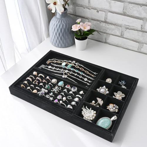 MOOCA Jewelry Display Set, Necklace Display Bust, Earring Organizer, Ring Holder Stand for Showcase and Store, Premium Fabric - color: 9a) 3 piece.Black Velvet Tray