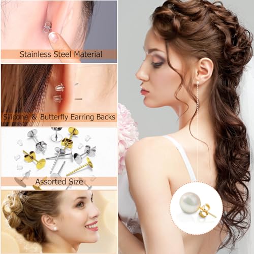 Hypoallergenic Earring Posts and Backs, Caffox 2000pcs Stud Earrings Making Kit with Ear Ring Base and Earring Backs for Leather Stud, Clay, Pearl Jewelry Making (Gold & Silver) - color: Gold & Silver