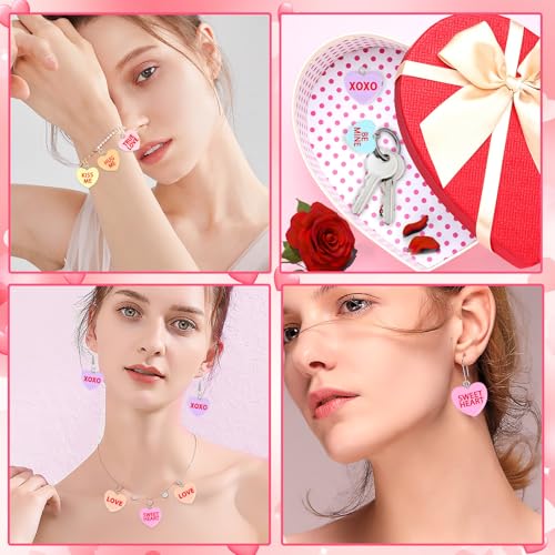 Augshy 64 Pcs Valentine Heart Charms Conversation Heart Resin Charms Conversation Heart Beads Flat Heart Pendant for Valentine's Day DIY Craft Bracelet Necklace Jewelry Making - style: Valentine Style
