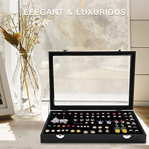 OSPNIEEK Ring Jewelry Organizer Box, 100 Slot Rings Display Storage Case Earring Showcase - Black Velvet Jewelry Stand Holder Tray with Transparent Glass Lid - Ideal Gift for Women Girls - size: 100 Slot