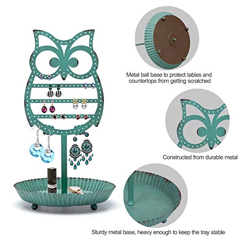NIKKY HOME Earring Holder Stand Hanging Organizer Metal Jewelry Tree Cute Owl Ear Stud Holder Table Top Tower Rack with Ring Tray for Women Girls (134 Holes), Teal - color: Teal