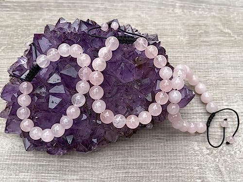 GAF TREASURES Grade A ++ Gemstone Round Bead Adjustable Bracelet 10mm, Genuine Crystal Bead Bracelet, Gift for Men & Women - color: Rose Quartz