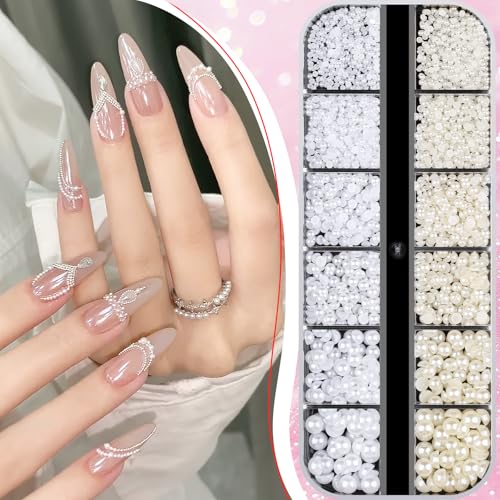 2100Pcs Flatback Nail Pearls Gems, 1.5-5mm White Beige Beads Half Round Nail Charms Beads with Pickup Pencil and Tweezers for Crafting Face Hair Manicure (11-K1-half-pearls-beige-white) - color: 11-K1-half-pearls-beige-white