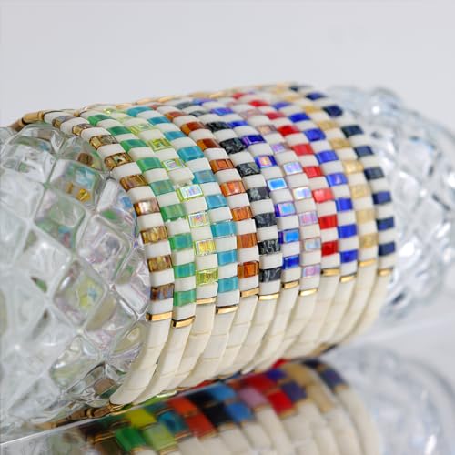 Tila Beaded Stretch Strand Bracelets for Women, Cute Boho Stackable Handmade Colorful Mixed Flat Square Beads Elastic Beach Surfer Bracelet Trendy Jewelry Friend Gift - color: 0901H