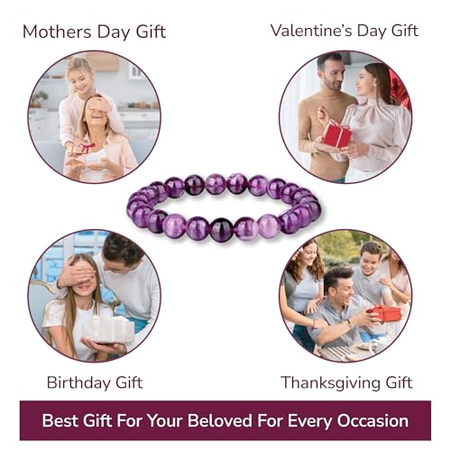 Crystal Vibe 8mm Beaded Bracelets For Women Men - Healing Crystal Bracelet - Adjustable Size - color: Amethyst