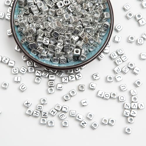 1000pcs Square Letter Beads for Bracelets, 6x6mm Silvery Cube Alphabet A-Z Beads for Jewelry Making Friendship Bracelets (Cube Silver) - color: 6x6mm silver