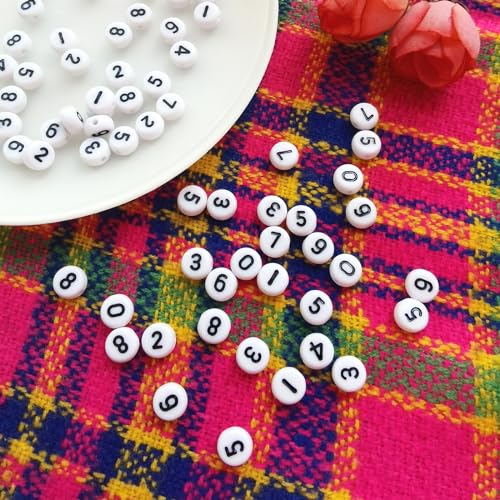 Amaney 500pcs White Acrylic Number Beads 7x4mm Mixed Number Beads Acrylic Plastic Round Shape Loose Beads - color: White, size: 7x4mm