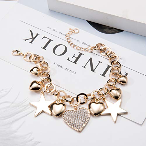 SILANER Gold Chain Link Bracelet - 7"+ 2" Extender 14K Gold Plated Love Locked Bracelets for Women, with Crystal, Love Heart,Key, Lock, Charm Bracelet - color: Stars and Hearts Charm