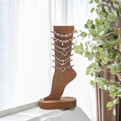 MOOCA 2 Pcs Set Two-Way Tabletop or Wall-Mountable Jewelry Display Natural Wood Foot-Shaped Bracelet Display, Anklets Display Storage, Wood Sturdy Base, Brown Color - color: Brown