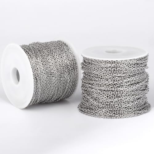 66 Feet Stainless Steel Rolo Cable Chain Bulk, 2mm 304 Stainless Steel Diamond-Cut Oval Rolo Cable Link Chains Roll Spool for Jewelry Making - color: Stainless Steel, size: 2.0mm width