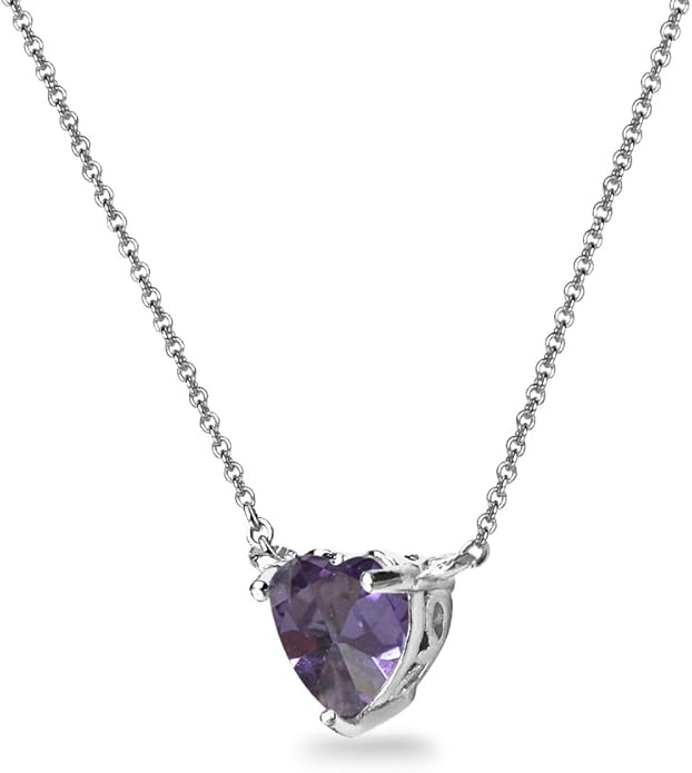 Birthstone Necklace for Women - Genuine or Synthetic Gemstone, 7mm Heart Solitaire, Short Dainty Layered Choker, Silver