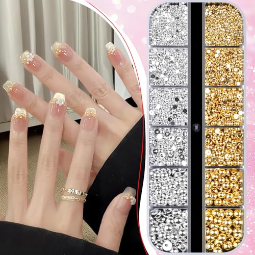 Gold and Silver Nail Charms and Gems, 1.5-5mm Half Round Flatback Nail Pearls Ball Beads Silver Gold Pearls for Nails with Pickup Pencil and Tweezers (12-K1-half-pearls-gold-silver) - color: 12-K1-half-pearls-gold-silver