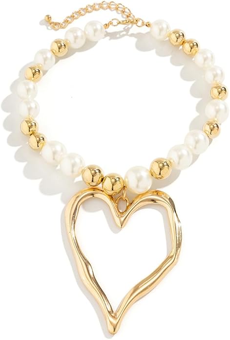 Unique Big Chunky Gold Heart Beads Necklace for Women, Charm Large Thick Hollow Love Heart Pendant Beaded Chain Choker Necklaces Party Y2K Jewelry Gift