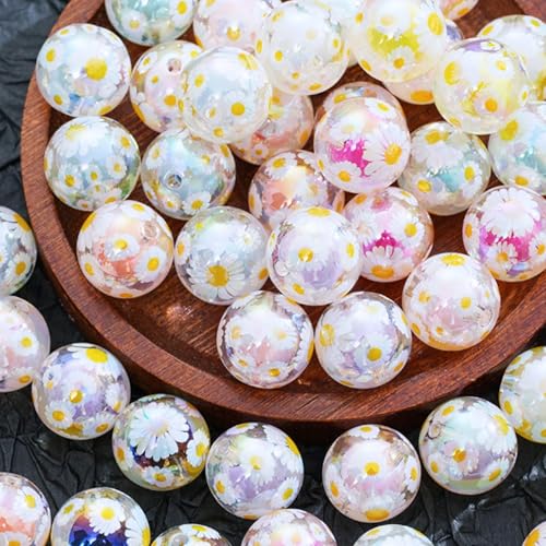 15Pcs Acrylic Beads Round 16mm UV Bead in Bead with Daisy Print Fit for DIY Jewelry Bracelet Necklace Keychain Beadable Pens Mobile Phone Chain Making Cute (Daisy-Mixed Color) - color: Daisy-Mixed color