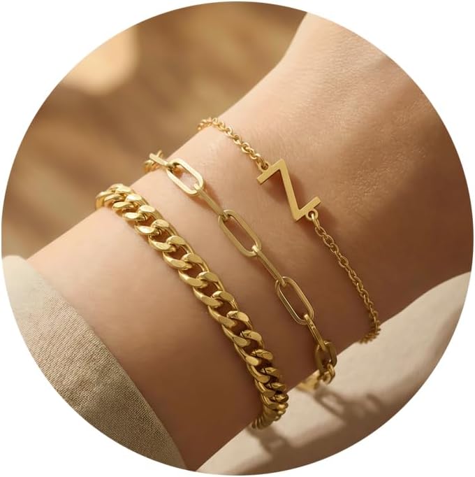 14K Gold Plated Bracelets for Women, A–Z Initial Charm Bangles Jewelry Set, Elegant Gold Accessories, Friendship Bracelet Gifts for Mom