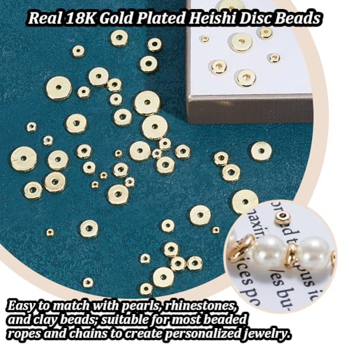 Beebeecraft 190Pcs Disc Spacer Beads 3/4/5/6/7/8/10mm 18K Gold Plated Brass Flat Round Spacers Rondelle Heishi Beads for Summer Stackable Bracelet Necklace Jewelry Making
