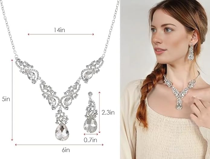 Secret for Longevity Silver Tone Antique Style Art Deco Clear Crystal Rhinestone Statement Wedding Bridal Prom Chunky Statement Earrings Necklace Gift Set