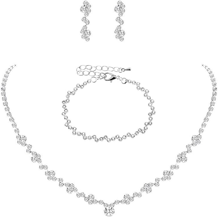 Bling Silver Jewelry Set for Women Trendy Wedding Jewelry Sets for Brides Sparkly Cubic Zirconia Necklace Earring Sets for Women Prom Accessories