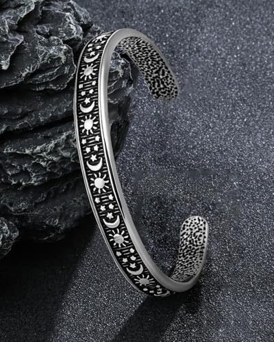 Stainless Steel Cuff Bracelet,Retro Gothic Punk Biker Cool Open Adjustable Cuff Bangle Bracelets Jewelry for Men Silver - style: Sun Moon Star
