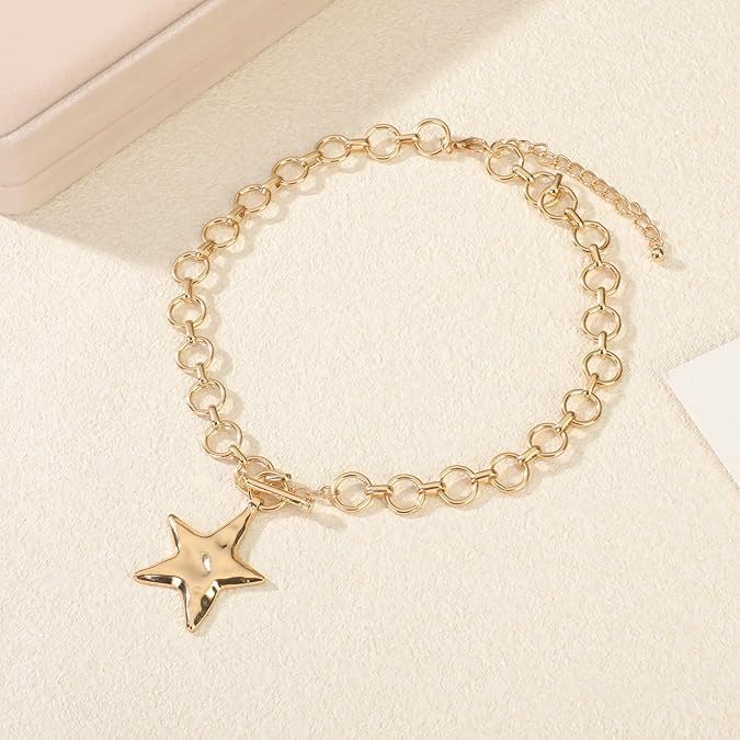 Large Star Necklace Chunky Gold Necklace for Women Trendy Silver Big Statement Necklaces Bold Thick Paperclip Necklaces OT Toggle Chunky Jewelry Holiday Christmas Jewelry Gifts Stocking Stuffers
