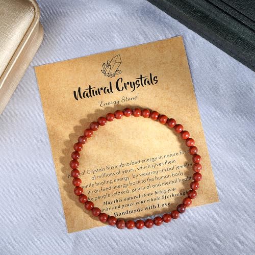 MAIBAOTA Healing Crystal Bracelet for Women Men, 8/4 mm Natural Stone Beaded Bracelets, Jewelry Birthday Gifts, Round Gemstones Stretch Bracelets - color: Red-Jasper, size: 4 mm