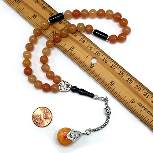 Simple Designed Natural Stone Worry Beads - Prayer Beads Tesbih-Tasbih-Tasbeeh-Misbaha-Subha-Sebha-Sibha-Rosary (Orange Aventurine Natural Stone -8 mm 33- Beads/Drop Tassel) - color: Orange Aventurine Natural Stone -8 mm 33- Beads / Drop Tassel