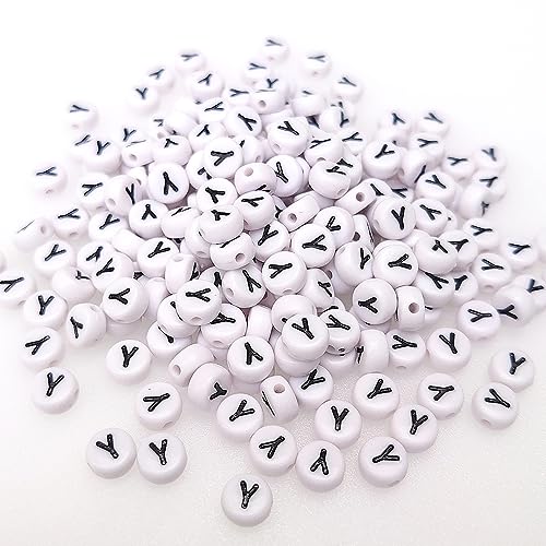 200+ Pieces 4x7mm Single Y Letter Beads for Jewelry Making, White Round Acrylic Bulk Alphabet (Black on White) - size: Single letter Y 200+ Pcs