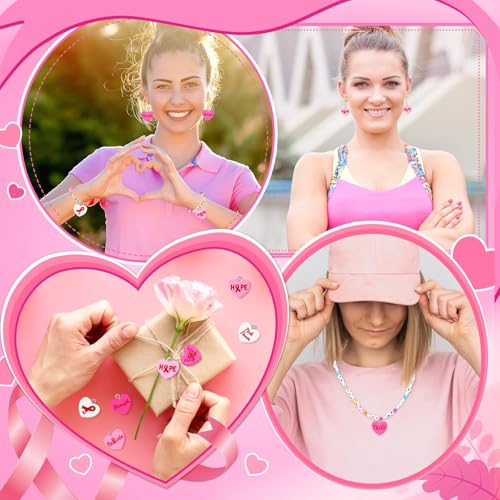 Augshy 64 Pcs Breast Cancer Awareness Charms, Pink Ribbon Resin Charm Breast Cancer Conversation Heart Charms Pink Hope Beads Pendant for DIY Crafs Bracelet Necklace Jewelry Making Accessories - style: Breast Cancer Awareness Style