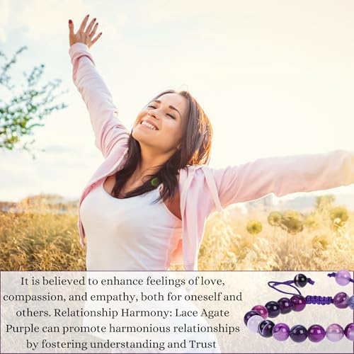 ANAYA AGATE Energy Protection Crystal Handmade Adjustable Bead Bracelet Perfect for Men, Women’s Christmas Gift - Gemstone Healing Stretch Bracelet Pulsera Para Hombre Mujer Stocking Stuffer - color: Lace Agate Purple