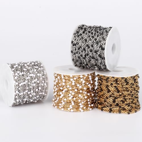 33 Feet Gold Enamel Chains Bulk, 2mm 18K Gold PVD Plated 304 Stainless Steel White Enamel Beaded Cable Link Chain Roll Spool for Jewelry Making - color: Gold White Beads