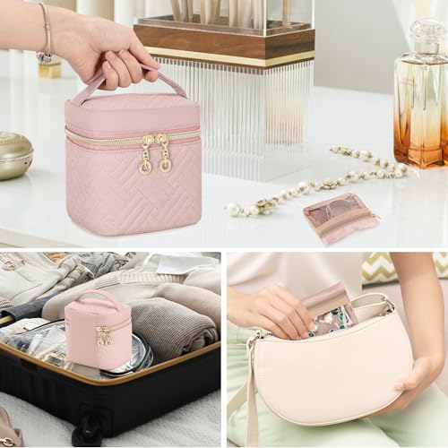 Teamoy Mini Jewelry Organizer with 6 Small Jewelry Bags, Travel Jewelry Storage Box for Necklaces, Rings, Earrings, Bracelets, Quilted Pink - color: Pink