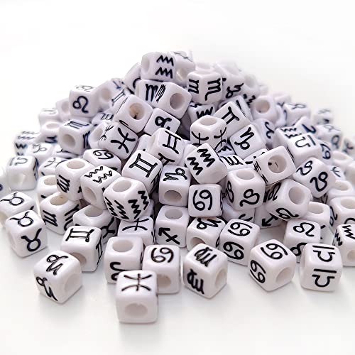 200+ Pieces 7x7mm White Cube Acrylic Alphabet Zodiac Charms Constellation Beads Mixed Plastic Shape Loose Beads for Jewelry Making Bracelets Necklaces Key Chains (Black on White) - size: Black on White