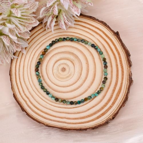 BONNY BOXX Natural Genuine Gemstone Faceted Round Beads Bracelets, 3mm Adjustable Stretchy Tiny Faceted Black Tourmaline Bracelet, Healing Crystal Reiki Chakra Dainty Jewelry Fashion Gifts - color: African Turquoise