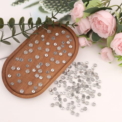 150Pcs Flower Spacer Beads Caps, Antique Silver Flower Spacer Bead Caps Bali Style, 3 Styles Vintage Ring Spacer Cap for DIY Bracelet Necklace Earrings Jewelry Making Supplies