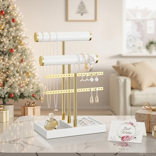 bussdis 3 Tier Bracelet Holder Display - White Leather Bracelet Holder, Detachable T Bar Jewelry Holder Organizer for Bracelet, Necklace, Earrings, Rings, Watches, Bangle - color: White