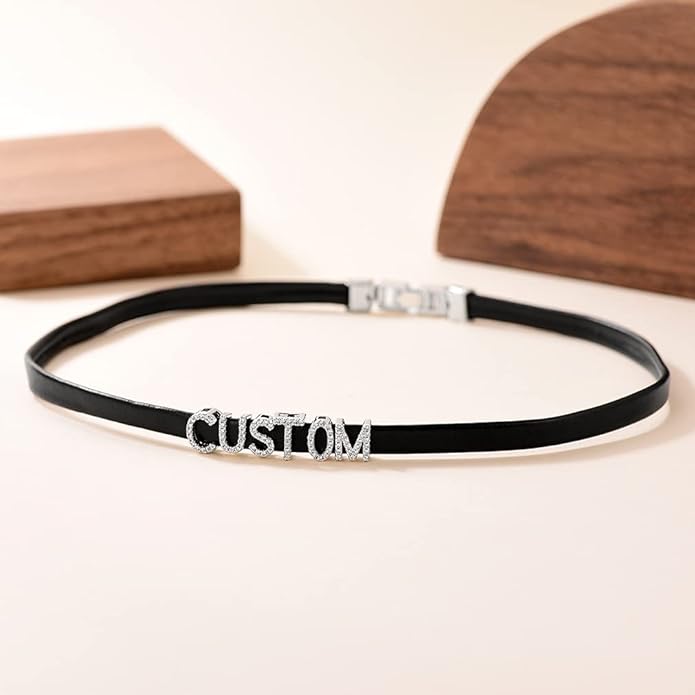 Custom4U Personalized Black Leather Choker Necklace with Picture/Name/Initials/Letters Charm,Custom Made Adjustable Choker Collar Gothic Punk Necklaces Jewelry Gifts for Women