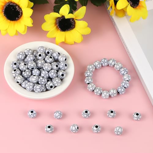 100pcs Soccer Beads with 5.5 Yard Elastic Rope,Acrylic Sports Beads DIY Spacer Bead for Necklace Bracelet Keychains Handmade Jewelry Making Accessories Craft Supplies,12mm(Soccer) - color: Soccer