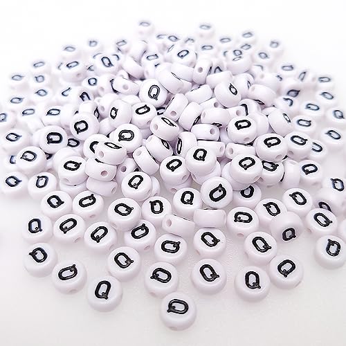 200+ Pieces 4x7mm Single Q Letter Beads for Jewelry Making, White Round Acrylic Bulk Alphabet (Black on White) - size: Single letter Q 200+ Pcs