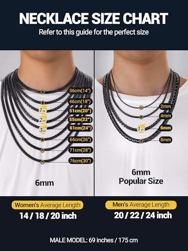 PROSTEEL Stylish Stainless Steel Flat Box Link Chain Necklace for Men, Silver/Gold/Black Tone, Hypoallergenic Jewelry, 14"-30", Come with Box - size: 14 inch(35cm), style: 4mm-Cool Black