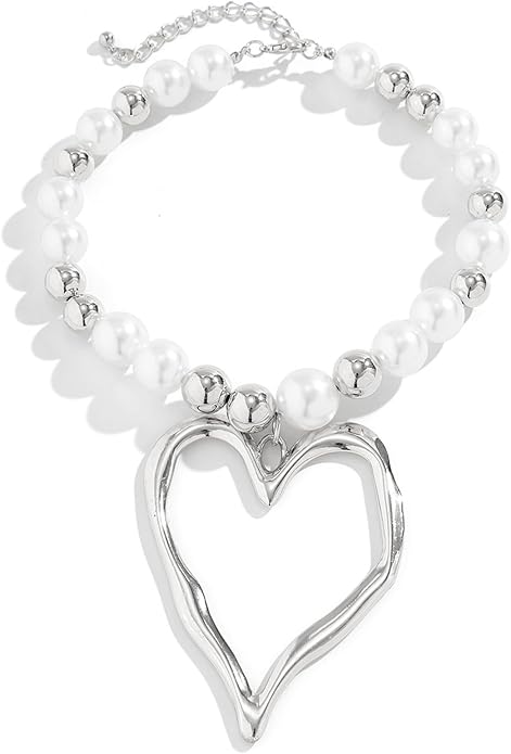 Exaggerated Heart Pendant Pearl Necklace,Charming Plated Gold Chunky Love Ball Statement Choker,Sweet Heart Beaded Collar Necklace for Women
